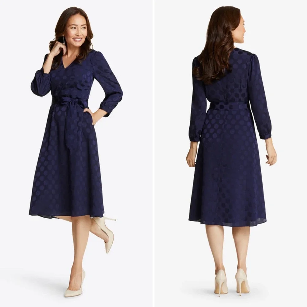 Draper James Womens Fit & Flare Dress Blue Polka Dot V Neck Long Sleeve Lined 10